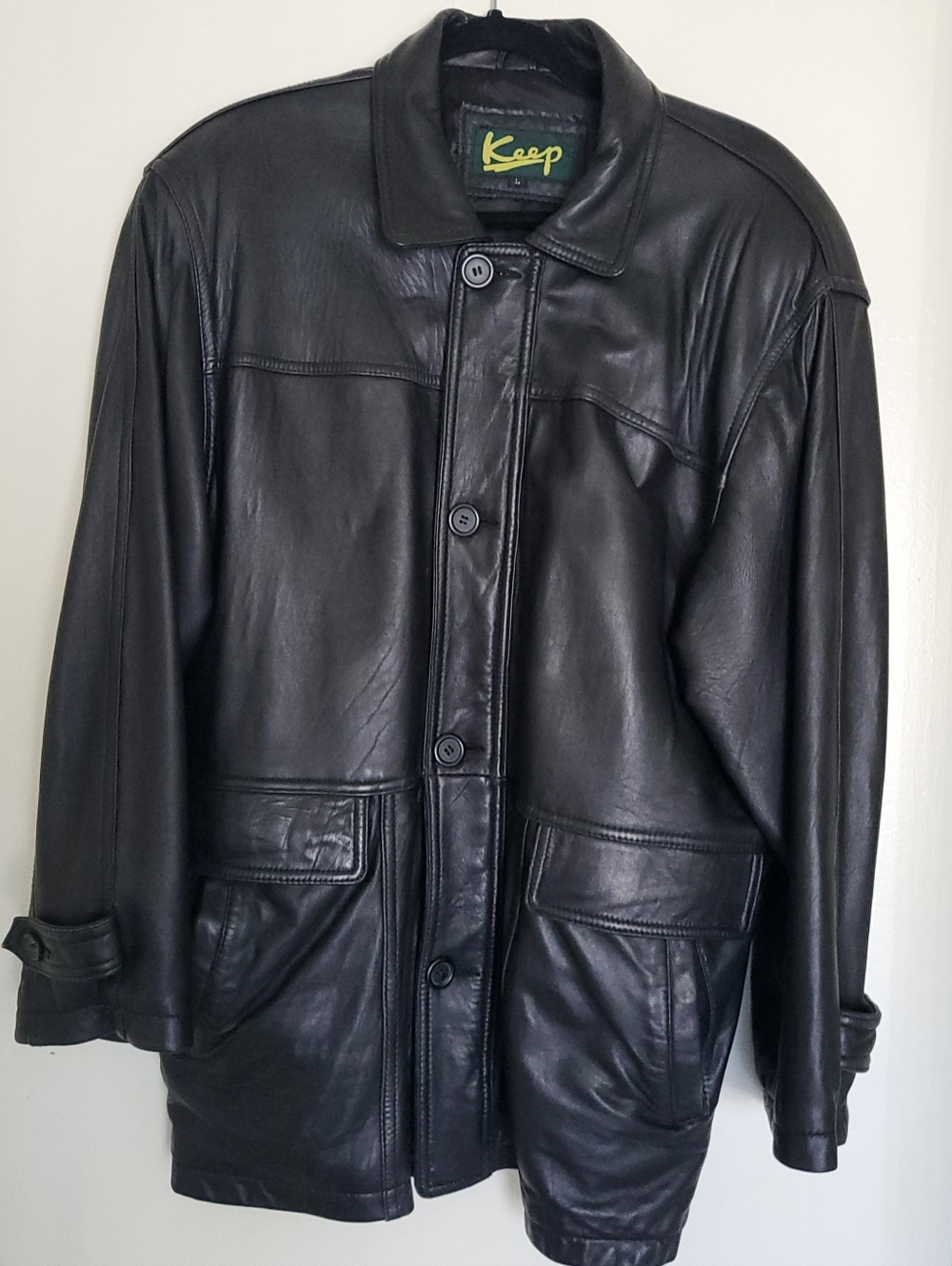 VTG KEEP Black Leather Button-Front Jacket Mens L Zip Mid Length Soft